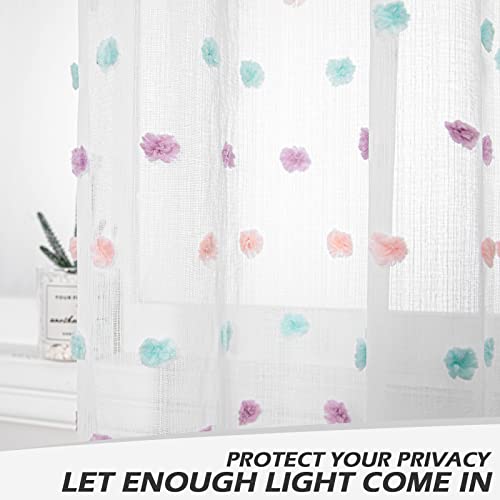 Image of MYSKY HOME Rainbow Pom Pom White Curtains for Living Room 120 Inch 2 Pieces | for Sliding Door & Kids Bderoom, Light Filtering, Extra Long White Semi Sheer, Rod Pocket, Backdrop Window Drapes, 50 inch x 120 inch