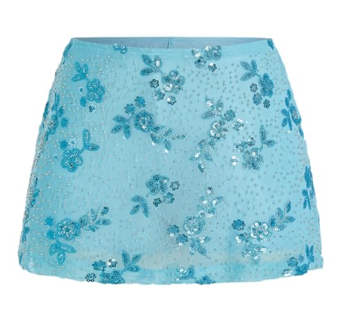 LTZYLS Womens Sequin Skirt Sparkly Low Rise Mini Skort Y2K Beaded Rhinestone Skirt SummerBlueSmall