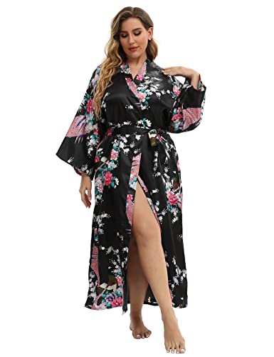 Image of Women's Floral Long Satin Robes Plus Size Long Silk Robes Peacock Floral Kimonos Sleepwear Dressing Gown