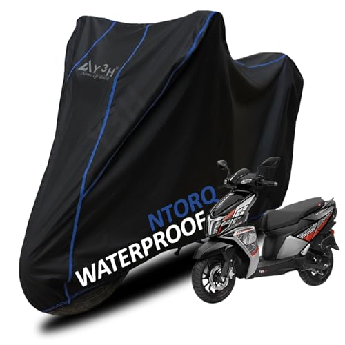 Image of Bike Body Cover TVS Ntorq Full Body Cover with Waterproof, Dust Proof, UV Rays Protective, Tripple Stitching & Lightweight Two Wheeler Covers - Black with Waterproof Blue Piping
