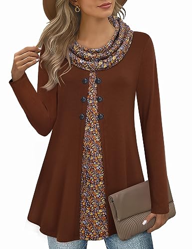 Bebonnie Womens Long Sleeve Cowl Neck Warm Splicing Tunic Tops with Buttons