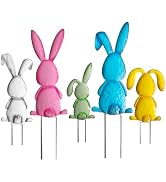 Jremreo 5 Pack Multicolored Easter Bunny Signs with Stakes, Metal Standing Rabbit Yard Signs for ...