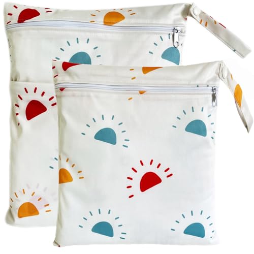 Wet Dry Bag for Cloth Diapers, 2PCS Waterproof Reusable Wet Bag with Zippered Pockets, Washable, Reusable for Travel, Beach, Pool, Stroller, Diapers, Dirty Gym Clothes, Swimsuits, 14x12In & 12x11In