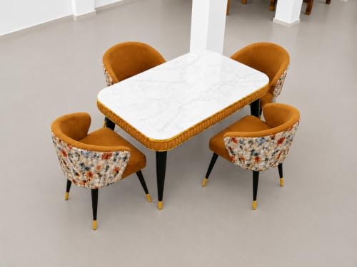 Image of WOODEN SPACE Majestic 4 Seater Wooden Dining Table Set | Urban Marble Top Dining Table with Chairs for Dining Room & Kitchen (Modern Classic Printed Mustard) (54 x 36 x 30 inch)