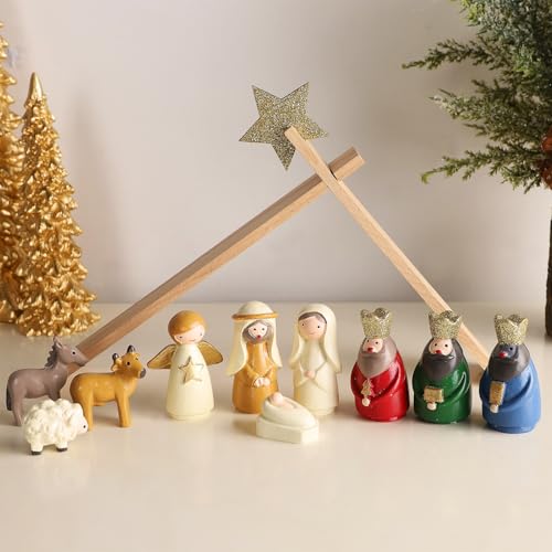 Juegoal Conjuntos de presépio de Natal, conjunto de 11 mini estatuetas de resina de presépio de Nata