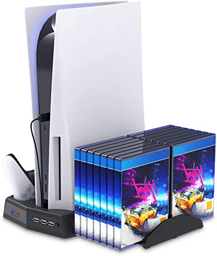 Ladestation Ständ für PlayStation5, 4-in-1 PS5 Vertikaler Standfuß Kühler Lüfter Dual Controller Ladegerät mit 3 USB 14 Slots, Mit LED