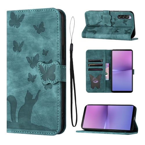 LSPCASA Klappschutzhülle für Sony Xperia 10 V 5G 6.1 Zoll Mit Standfunktion, Kartenfächern, Katzen-Schmetterlingsmuster - Grüne Lederhülle