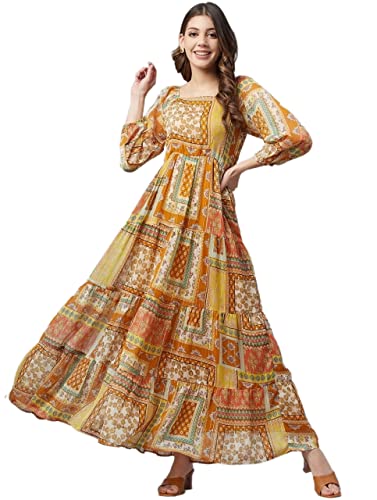 Image of Cottinfab Women Mustard Yellow Ethnic Printed A-Line Maxi Dress