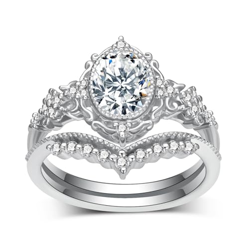 2 Carat(ctw) Oval-Cut Moissanite Engagement Rings Sets for Women,925 Sterling Silver Halo Wedding Rings Sets,Bridal Ring Sets for Anniversary Birthday