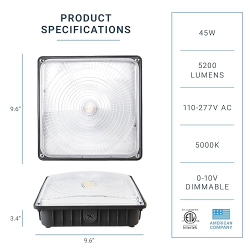PARMIDA (4 Pack) LED Canopy Light, 45W, 0-10V Dimmable,110-277VAC, IP65 Waterproof, ETL-Listed, 5000K (Day Light), 9.6" x 9.6" Street, Area & Outdoor Lighting, Bronze by Parmida LED Technologies - Used condition - Image 2