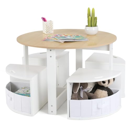 INFANS Toddler Table and Chair Set, Wooden Table and 4 Chairs with Nesting Design, Storage Drawers, Children Multi-Activity Table for Art, Crafts, Draw, Read for Boys Girls Aged 3+