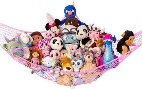 Lilly's Love Large Stuffed Animal Hammock | Corner Hanging Organizer, Stuffed Animal Storage | Easy to Hang Plushie Net w/Included Anchors & Hooks | Cute Room & Bedroom Decor (Pink)