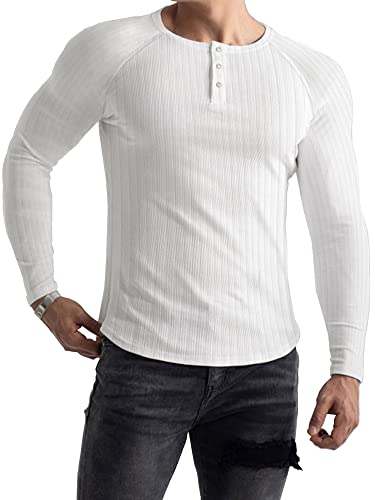 Lehmanlin Camiseta Manga Larga/Corto Hombre,Casual Henley Algodón,Camiseta Muscular Slim Fit (Blanco/M)