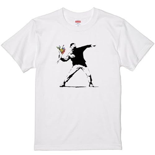 [いろどりTシャツアイシー] バンクシーTシャツ 花束を投げるテロリスト おもしろ tシャツ ネタ 芸術 バンクシー 風刺 壁画 落書き アート プレゼント 雑貨 ギフト 面白 ウケ狙い 名言 綿 (M, ホワイト-前面プリント) - ノーブランド品 - 商品画像