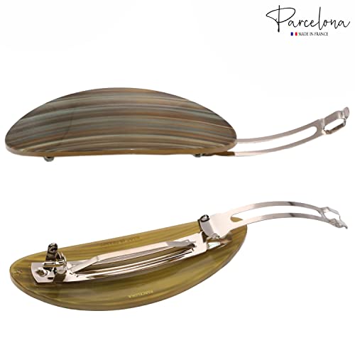 Parcelona French Oval Grey Beige Celluloid Acetate Automatic Hair Clip Barrette #TOP3