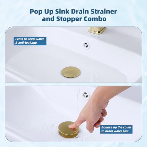 Hibbent Upgraded 3 in 1 Bathroom Sink Drain Strainer, Pop Up Sink Stopper with Big Push Cap, Anti-Clogging Metal Filter Basket,Sink Plug with Hair Catcher for 1.1''~2.36'' Basin, Brushed Gold by Hibbent - Used condition - Image 5