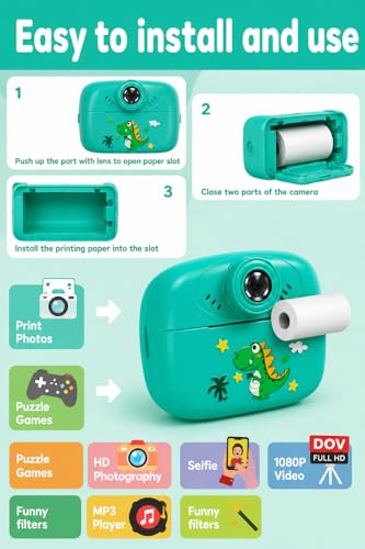 Image of Kids Instant Print Camera Video with Games, Thermal Printer, 2 Print Rolls, USB Charging, 48MP Children Digital Camera, Gift for Boys & Girls Age 3-16 (Teal Green Kids Instant Print Camera)
