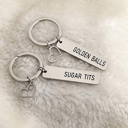 Image of CENWA Funny Couples His and Her Keychain Set Golden Balls Sugar Tits Anniversary Wedding Jewelery Inappropriate Jewelery (golden balls sugar tits K)