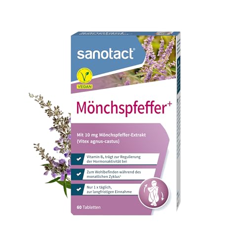sanotact Mönchspfeffer Tabletten hochdosiert – 15 mg Vitex Agnus Castus – mit Vitamin B6, Magnesium & Pantothensäure – zur Regulierung der Hormonaktivitäten – vegan – 60 Tabletten – Made in Germany