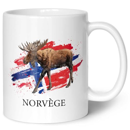 Mug imprimé avec motif - Norvège - Drapeau avec élan - Cadeau pour maman, papa, amis, anniversaire, Saint Valentin, Noël - Pour homme et femme - Couleur : blanc