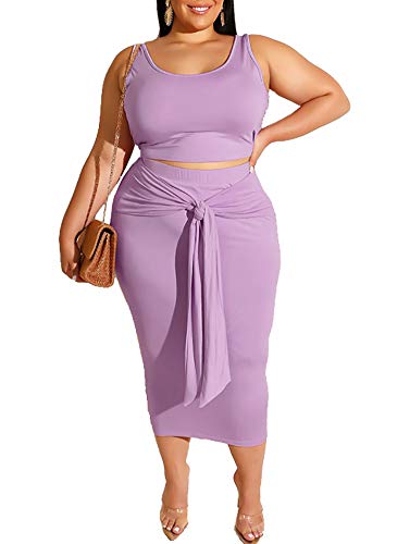 Women's Plus Size Two Piece Outfits Midi Dress - Tank Crop Top Bandage Bodycon Maxi Skirts Set Purple X-Large