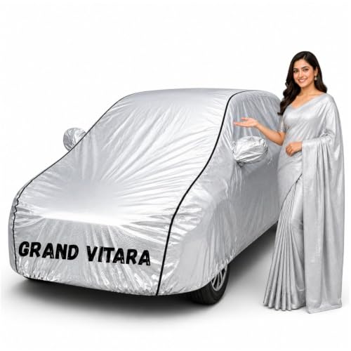 Image of Waterproof Car Body Cover for Grand Vitara All Weather Protection Comes with Inner Cotton Lining & Triple Stitched with Mirror & Antenna Pocket Belt & Elastic Fit Metallic Silver with Black Piping