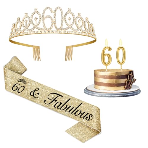 60th Birthday Decorations for Women Gold with Sash and Tiara Gold Number Candles 60th Birthday Gifts for Women