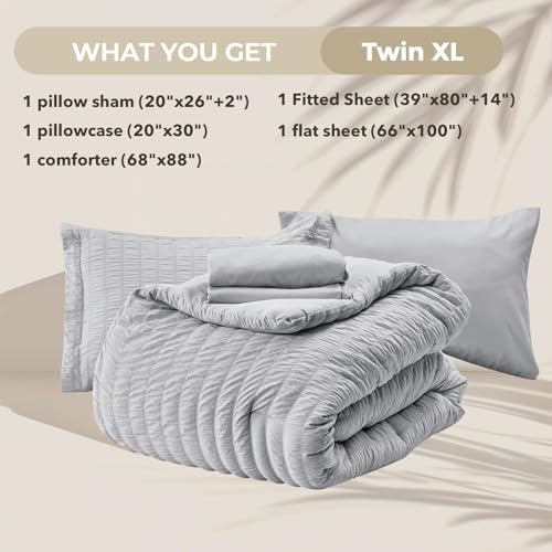 Image of HYMOKEGE Light Grey Twin XL Comforter Set Seersucker 5 Pieces, All Season Luxury Bed in a Bag for Bedroom, Bedding Set with Comforter, Sheets, Pillowcase & Sham