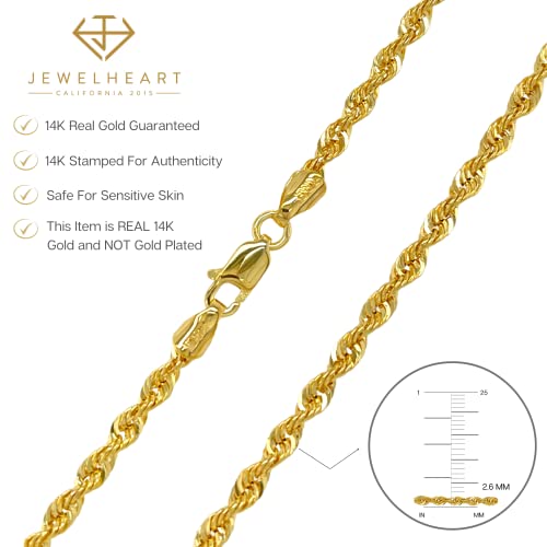 Jewelheart 14K Real Gold Rope Chain Necklace - 2.6Mm Diamond Cut Twist Link Chain - Dainty Gold Pendant Necklace For Men And Women 16" #TOP5
