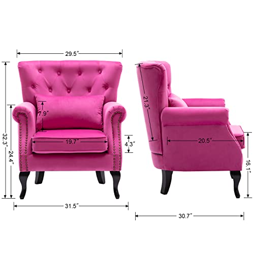 Dm Furniture Mid Century Accent Chair Modern Button Tufted Armchair Wingback Club Chair Velvet Single Sofa Lounge Chair With Pillow For Living Room Bedroom, Rose Pink #TOP2