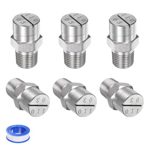 M METERXITY 6-Pack Flat Fan Spray Tip, 110 Degree 1/8BSPT Male Stainless Steel Pressure Washer Nozzles Cleaner Nozzle Replacement W Sealing Tape for Water Guns (1.1mm Orifice)