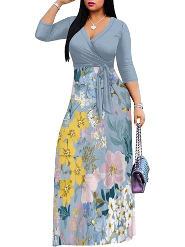 Image of SUZONANA Plus Size Dresses for Women Floral Print Maxi Dress Flowy 3 /4 Sleeve with Belt