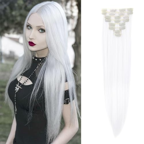 Dcbaboo Extension Capelli a Clip Lisci 8PCS Clip in Hair Extension Capelli Finti Lunghi 60cm Posticci per Capelli Sintetici Estensioni con Clip Dritti Naturale per Donna, Bianco