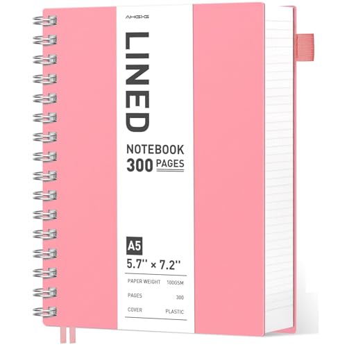 AHGXG Spiral Notebook - A5 Notebook College Ruled, Small 5.7" X 8.22", 300 Pages/150 Sheets Thick Notebook Journal, 100GSM Lined Paper, Plastic Hardcover, for Work Office School Writing Notes, Pink