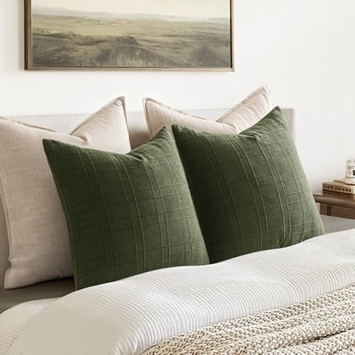 Image of MIULEE Decorative Linen Check Throw Pillow Covers Neutral Farmhouse Vintage Spring Pillow Covers 18x18 Set of 2 Boho Modern Home Decor for Sofa Couch Bedroom Cushion Dark Olive Green