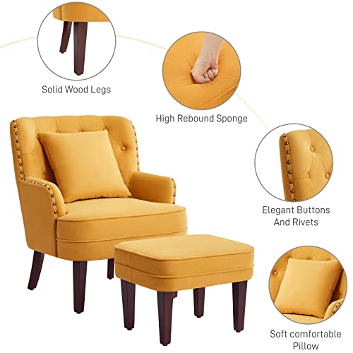 Huimo Accent Chair With Ottoman And Pillow,Comfy Reading Chair For Bedroom,Living Room Club Chair And Ottoman Set With Bronzer Nail Head Trim Wooden Legs, Upholstered Button Tufted Armchair,Yellow #TOP3
