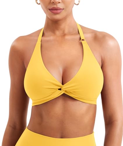 Image of YEOREO Halter Sports Bras for Women Low Impact Removable Padded Adjustable Deep V Bra Seamless Workout Gym Crop Tops
