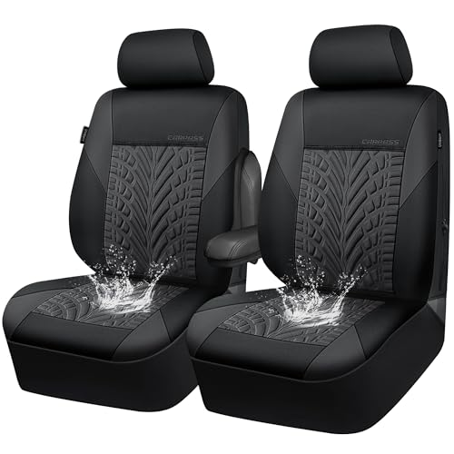 Image of CAR PASS Neoprene Waterproof Seat Covers Two Front, Wetsuit Car Seat Covers 2pcs Universal Fit for Vans, Truck, SUV, 3D Tyre Embossed Seat Covers Anti Slip with Armrests, Aibag Compatible(Black Gray)