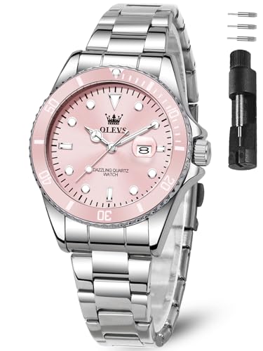 OLEVS Damen Armbanduhr Silber Edelstahl mit Pinkes Zifferblatt Stilvoll Uhr Damen Analog Quarz mit Datumsanzeige wasserdichte Damenuhr Robust und Elegant Exquisite Damenarmbanduhr