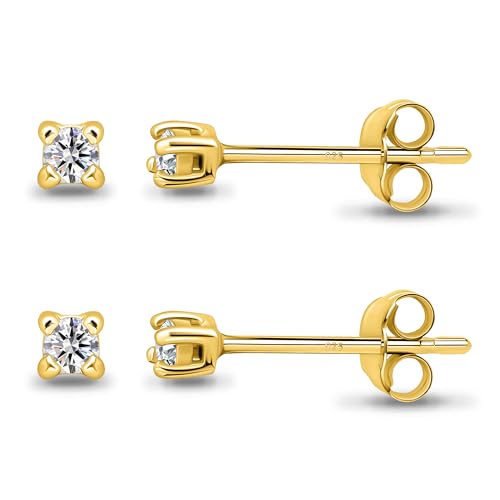Gold Stud Earrings for Women Yellow Flashed Sterling Silver 2mm Round Stud Tiny CZ Earring Set for Men Women, 2 Pairs