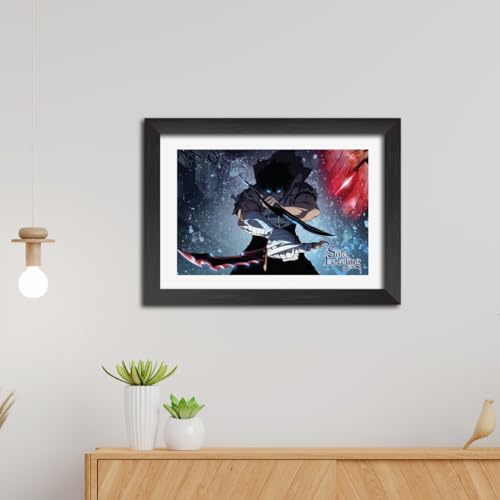 Image of TenorArts Sung Jinwoo Poster Solo Leveling Anime Posters Laminated Photo Frame Painting with Matt Finish Black Textures (12inches x 9inches)