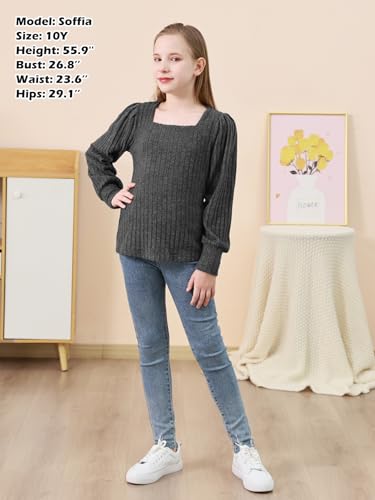 GORLYA Girls Square Neck Trendy Puff Long Sleeve Shirts Kids Ribbed Knit Tops Blouses 6-16Years 5