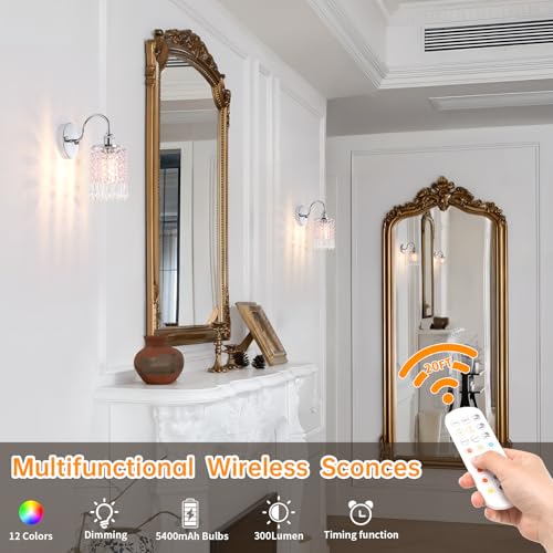 Image of Shenmoyl Set of 2 Crystal Battery Operated Wall Sconce, Rechargeable Battery Powered Wall Lamp with Remote Control, Modern Dimmable Wall Lights for Bedroom Bathroom(Pink, Silver Base)