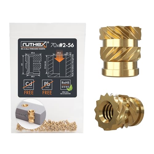 ruthex #2-56 Threaded Inserts - 70 Pieces RX-2-56x4 Brass Heat Set Insert for Plastic Parts - Inches UNC knurled Nuts - Insert by Heat into 3D Printing Components