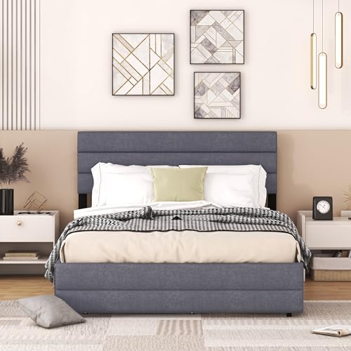 Moimhear Cama con plataforma de 140 x 200 cm con máquina de brochado para dos personas y dos cajones (gris)