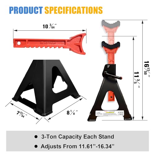 USYATO Upgraded 3 Ton Jack Stands (6,600 LBs) with 2 Crossbars & Double Locking - Heavy Duty Car Jack Stand for Trucks, SUV, Car, UTV/ATV Garage Lifting Tool, 11.61\" to 16.34\" Height, 1 Pair