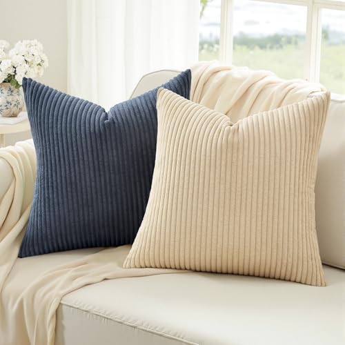 Image of Topfinel 20x20 Set of 4 Boho Couch Throw Pillows Decorative Velvet Pillow Covers for Bed Accent Nordic Corduroy Pillowcase Sofa Living Room Home Decor Blue and Yellow