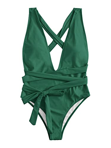 Image of Lilosy Sexy Tie Criss Cross Plunge One Piece Thong Swimsuit High Cut Brazilian Bathing Suit