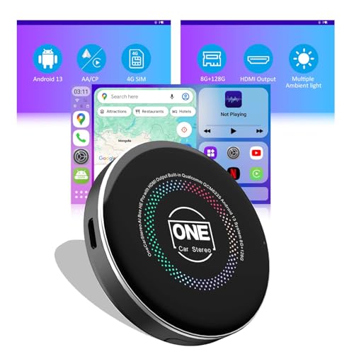 OneCarStereo CarPlay Ai Box HE Pro with Android 13 Octa-Core Chip 8+128GB Wireless CarPlay Android Auto Adapter with YouTube Disney+ Apps Support Video Output 4G SIM & Dual WiFi OTA Update (1)