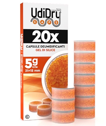 20 Capsule Essiccanti per Apparecchi Acustici UdiDry Caps 5g 31mm con Indicatore di Colore - Capsule Anti Umidità con Gel di Silice di Alta Qualità per Asciugatura Dispositivi Acustici